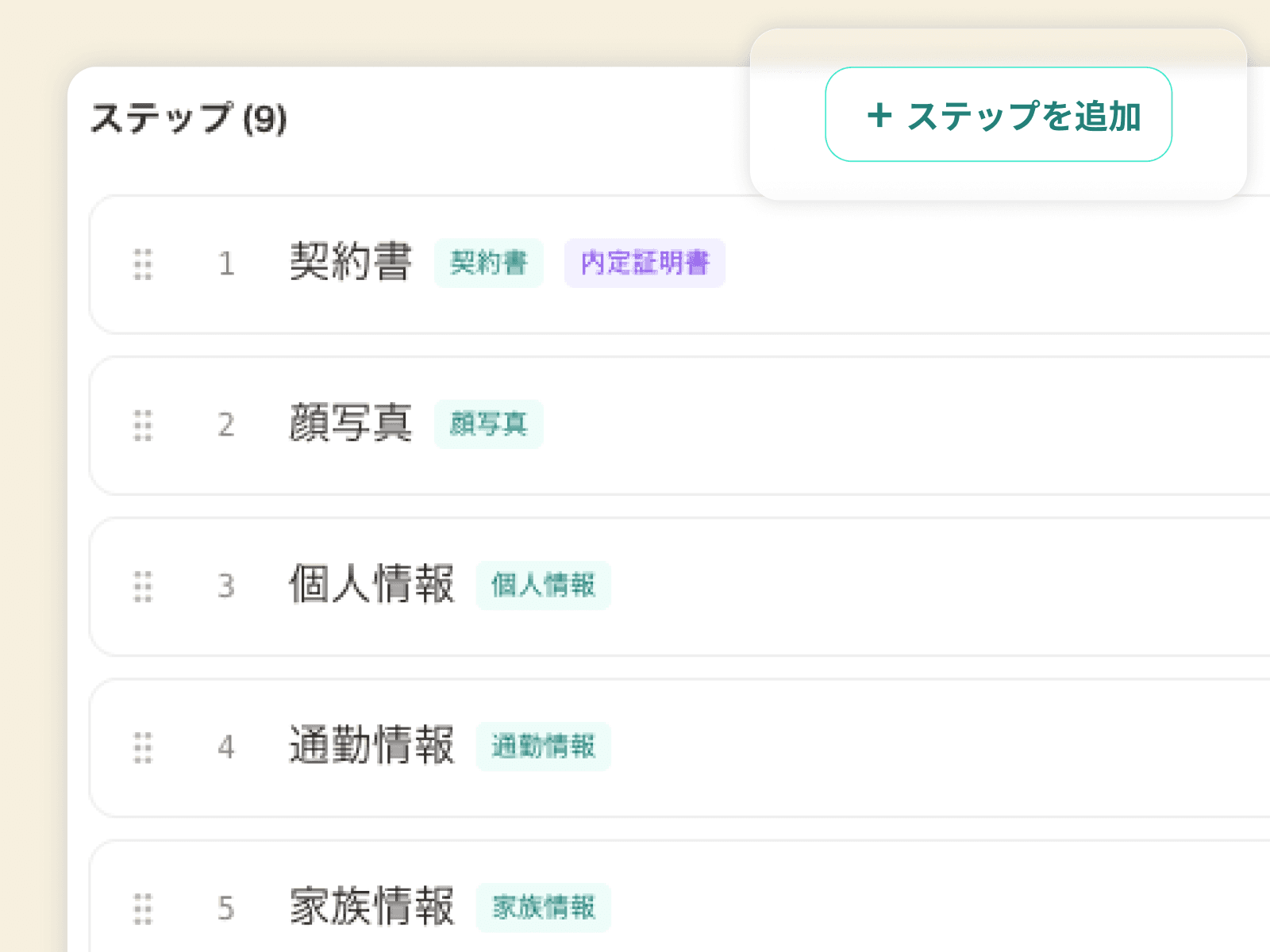 入社フローのステップ編集画面 — 契約書・個人情報・マイナンバーなど収集項目をテンプレート化