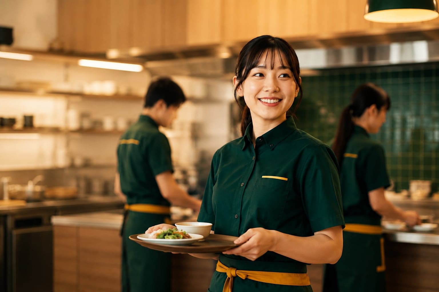 制服姿の飲食店スタッフが笑顔でトレイを持つ現場写真