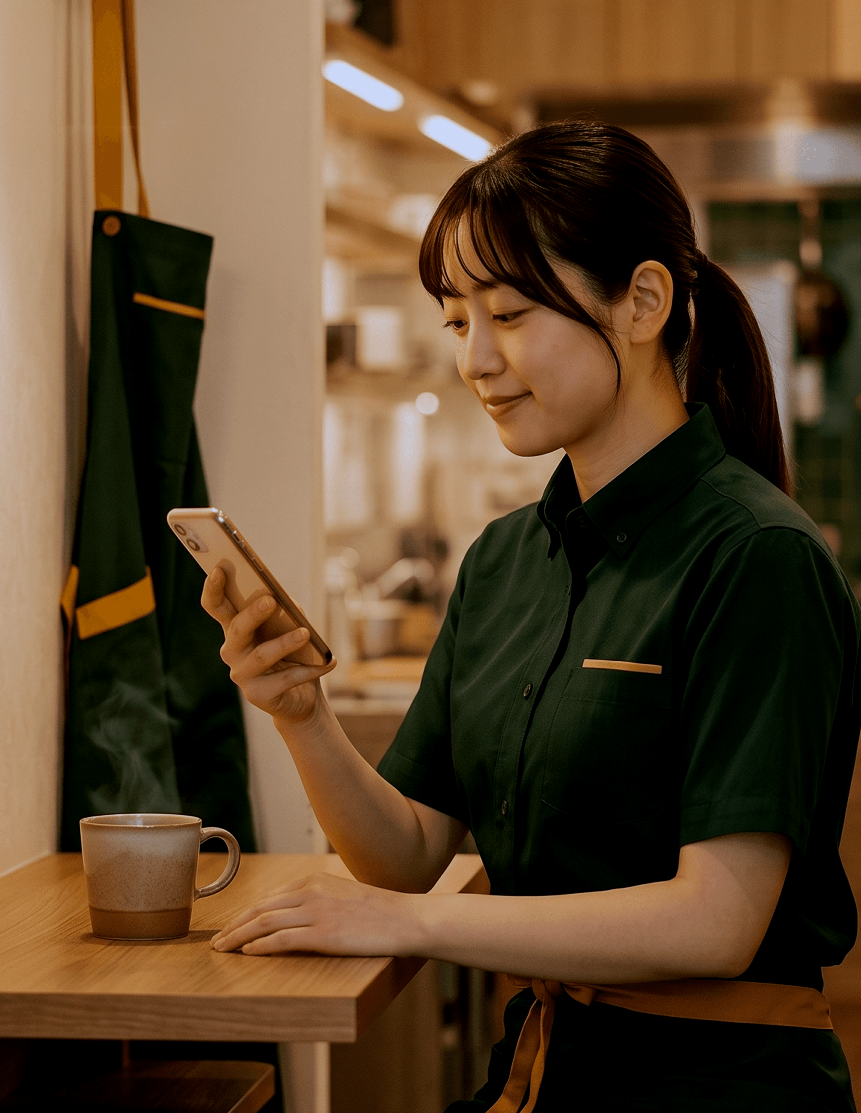 休憩スペースでスマートフォンを確認する飲食店スタッフ