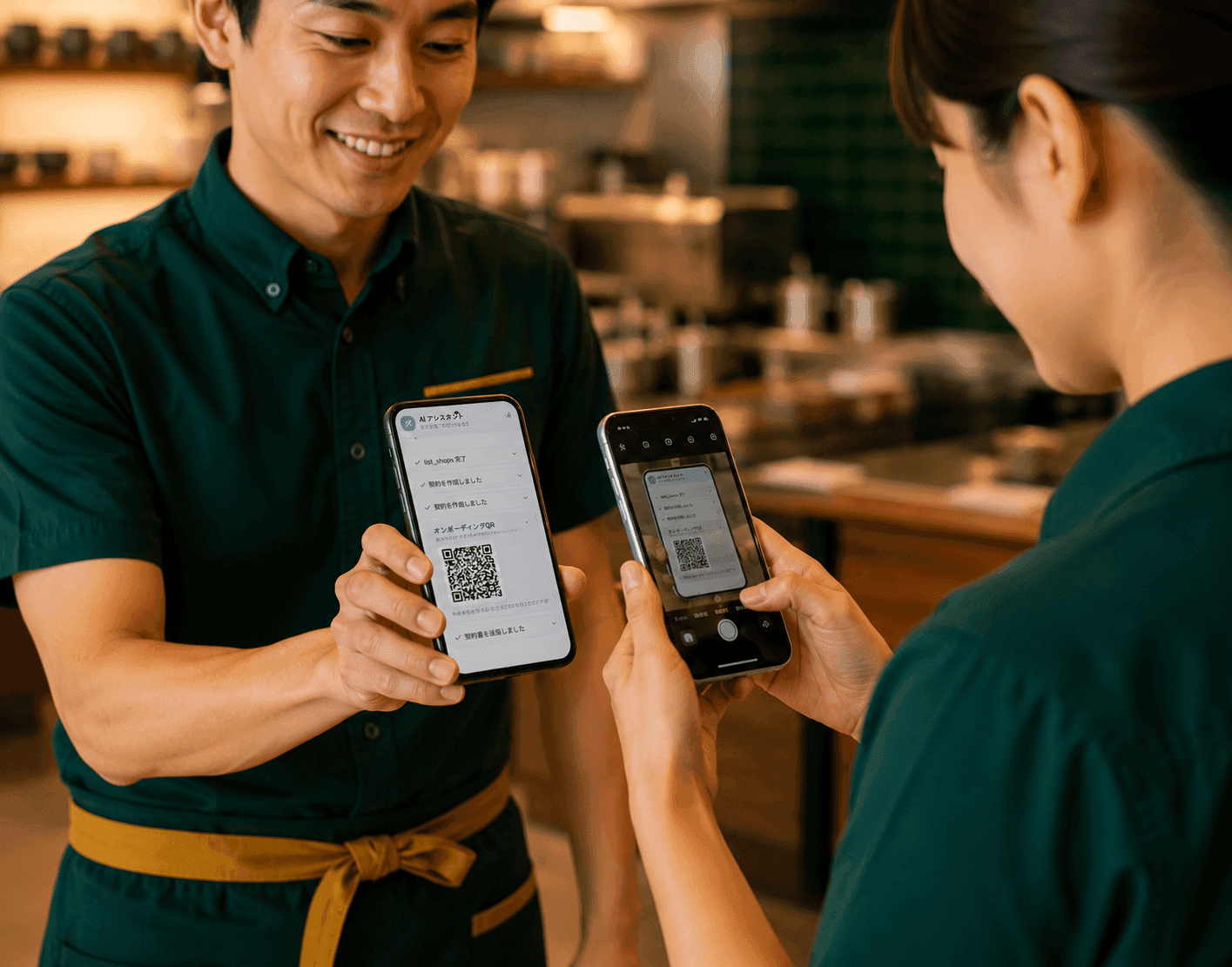 店長のスマホに表示されたQRコードを、新しいスタッフが自分のスマホでスキャンしている店舗内の現場