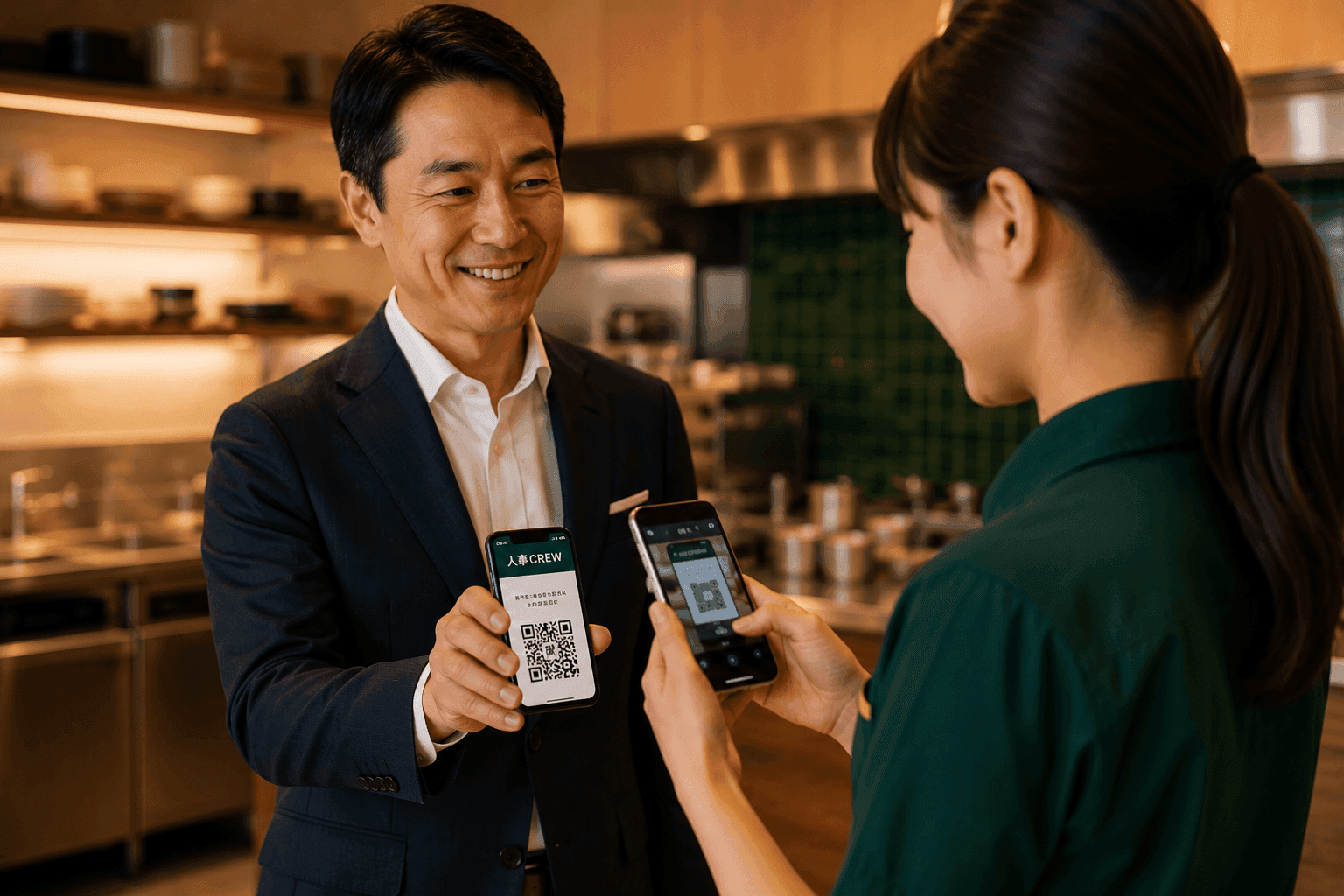 店長のスマホに表示された人事CREWのQRコード/スタッフが自分のスマホでスキャン(実写、店舗・飲食現場)